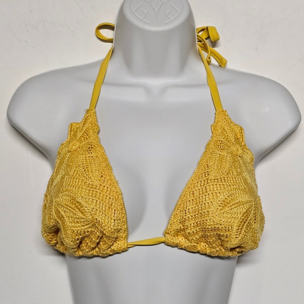 Shade & Shore Yellow Crochet Embroidered Triangle Bikini Top Large Halter Tie